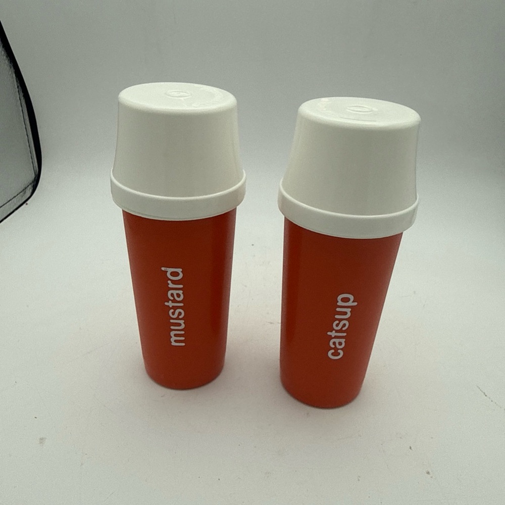 VTG 70’s Tupperware Catsup & Mustard Orange Containers W/ Pump And Lids